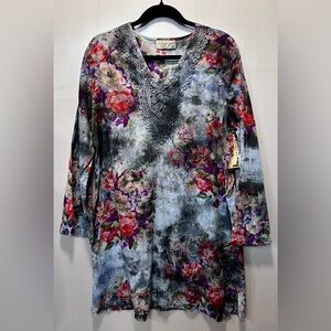 VINTAGE GOA Blue Floral Cotton Gauze Crocheted V-Neck Tunic Blouse Size 1X NWT